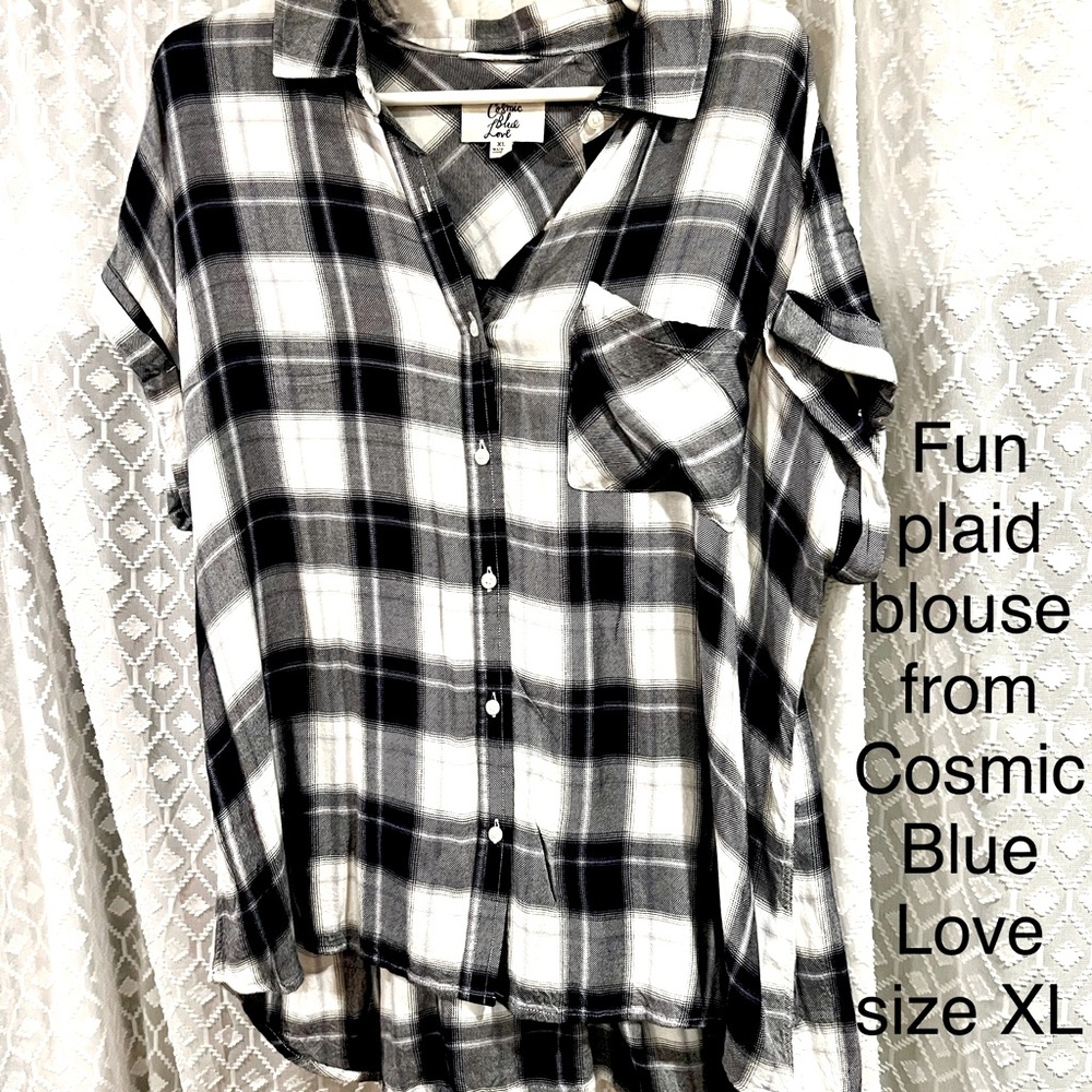 Cosmic Blue plaid shirt.